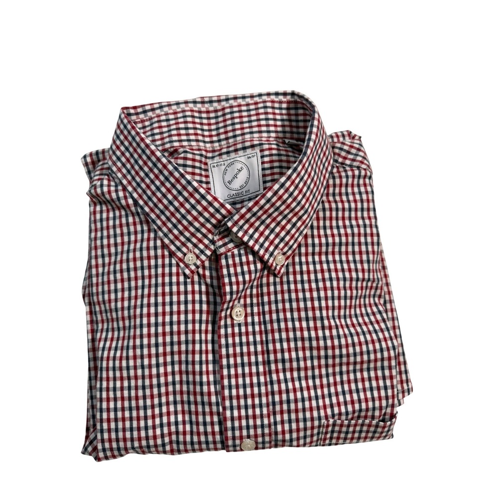 Bespoke New York Men XL 17-17.5 36/37 Red Navy Gingham Classic Fit Shirt Stretch